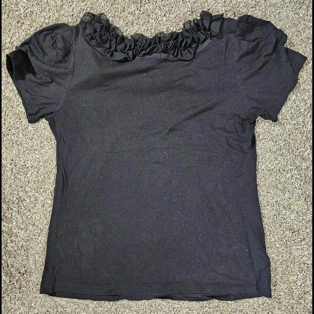Ann Taylor LOFT Black Modal Short Sleeve Ruffled Neck Top M - Picture 8 of 8